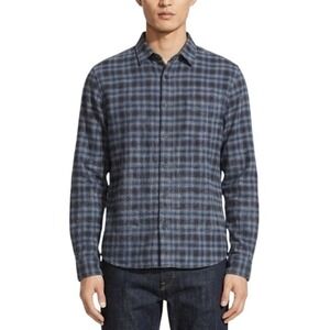 VINCE Mens Classic Fit Long Sleeve Ombre Plaid Button Down Shirt Blue Gray Large